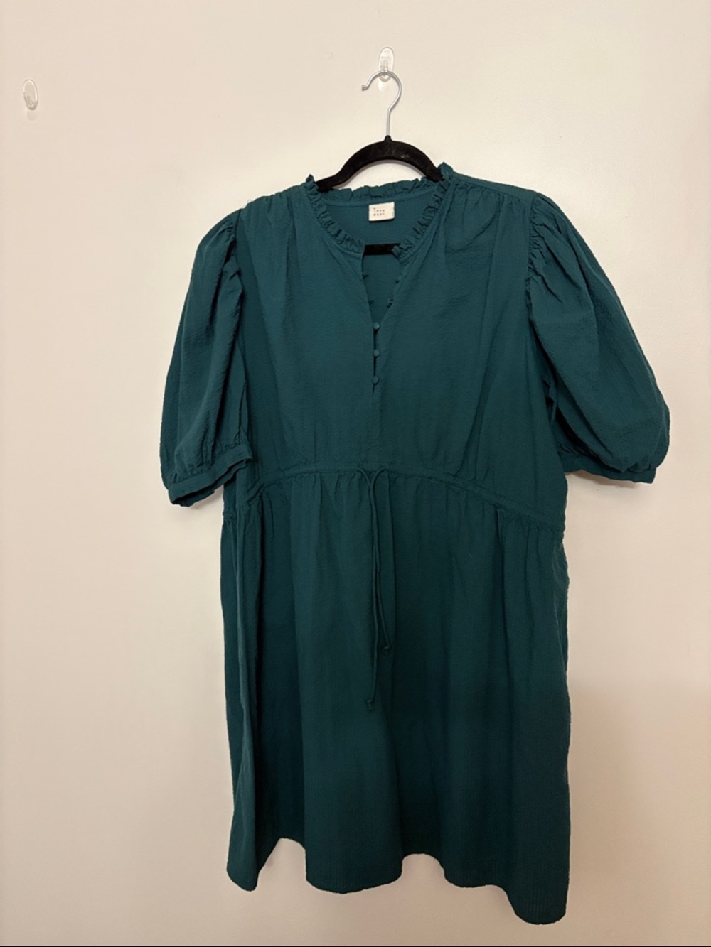 a new day Teal Green Puff-Sleeve Mini Dress with Drawstring Waist